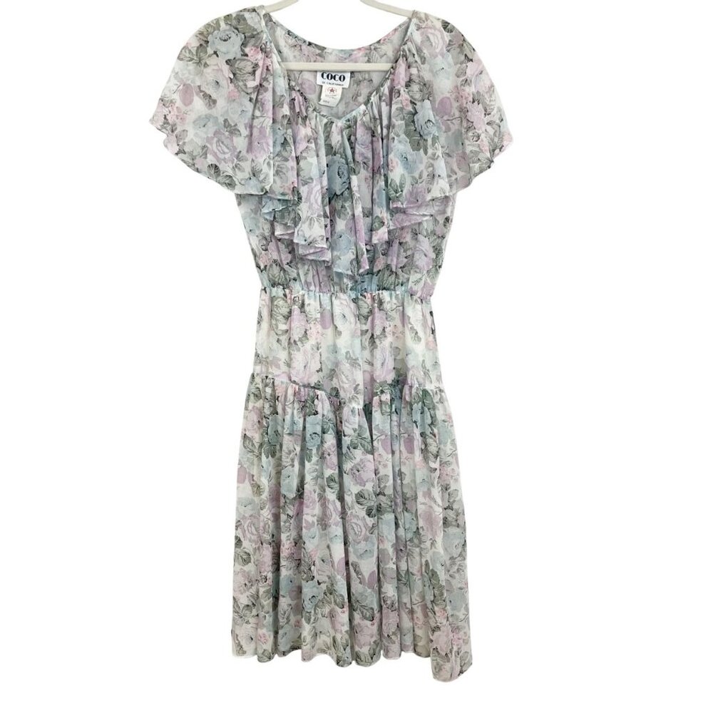 Vintage Coco of California Gray Purple Floral‎ Ruffle Dress Boho Fairy - Size 6